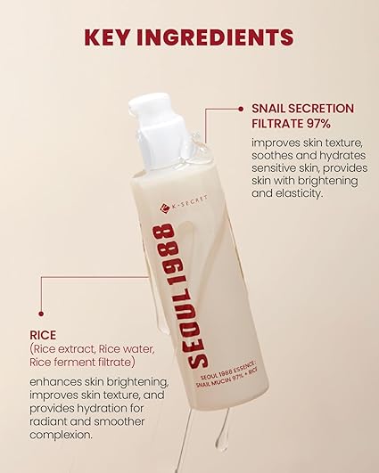 Key ingredients of SEOUL 1988 Snail Mucin Essence, including 97% Snail Mucin and Rice extract, enhancing skin brightening and hydration.

