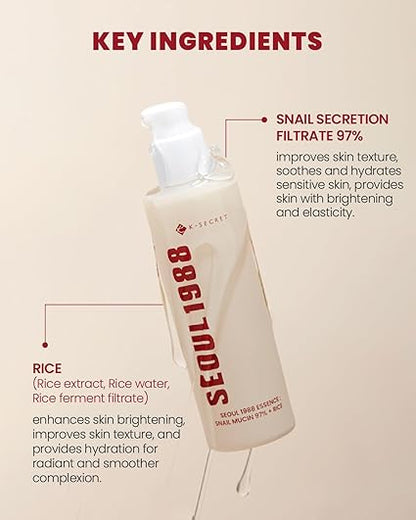 Key ingredients of SEOUL 1988 Snail Mucin Essence, including 97% Snail Mucin and Rice extract, enhancing skin brightening and hydration.


