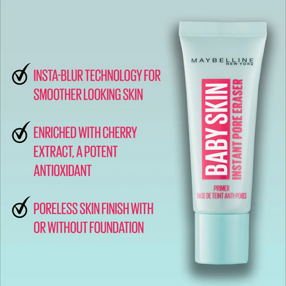 Maybelline Baby Skin Face Primer with its key benefits listed: insta-blur technology for smoother skin, enriched with cherry extract, and provides a poreless skin finish.