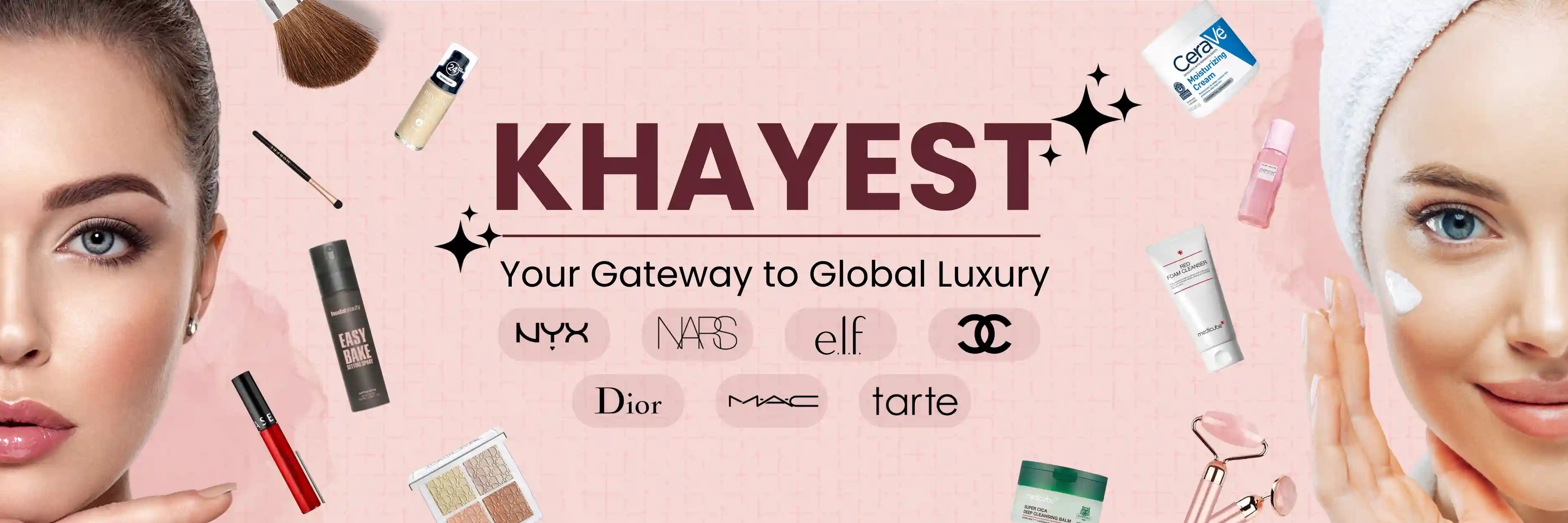Promotional banner for Khayest, featuring global luxury brand logos on a pink background.