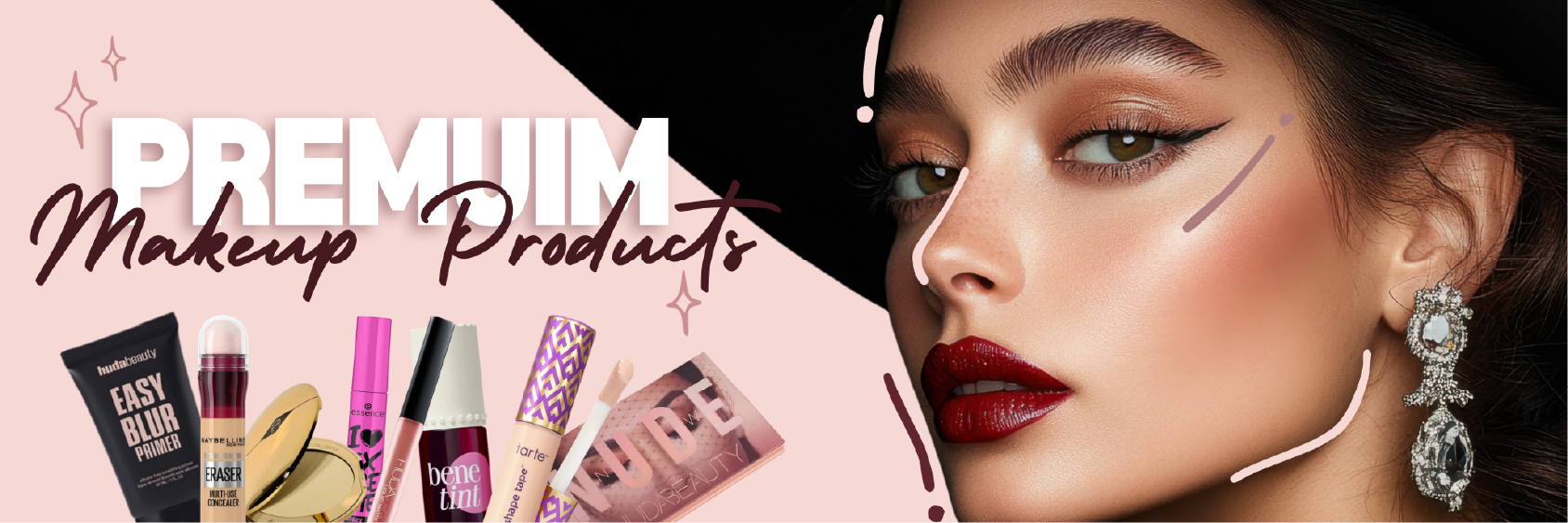 Makeup products with a model's face and text 'Premium Makeup Products' on a pink background