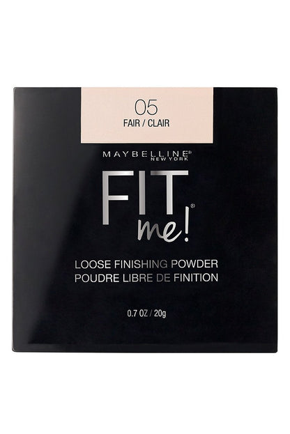 "Box of Maybelline Fit Me Loose Finishing Face Powder in shade 05 Fair, showing the black and beige packaging."