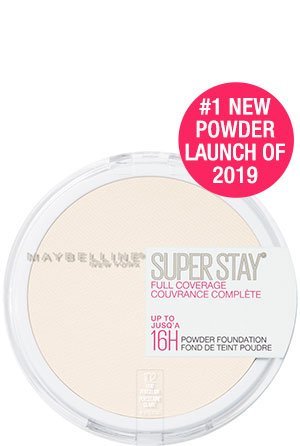 A Maybelline Foundation Super Stay Full Coverage Powder compact in a fair shade, featuring a "#1 New Powder Launch of 2019" sticker.