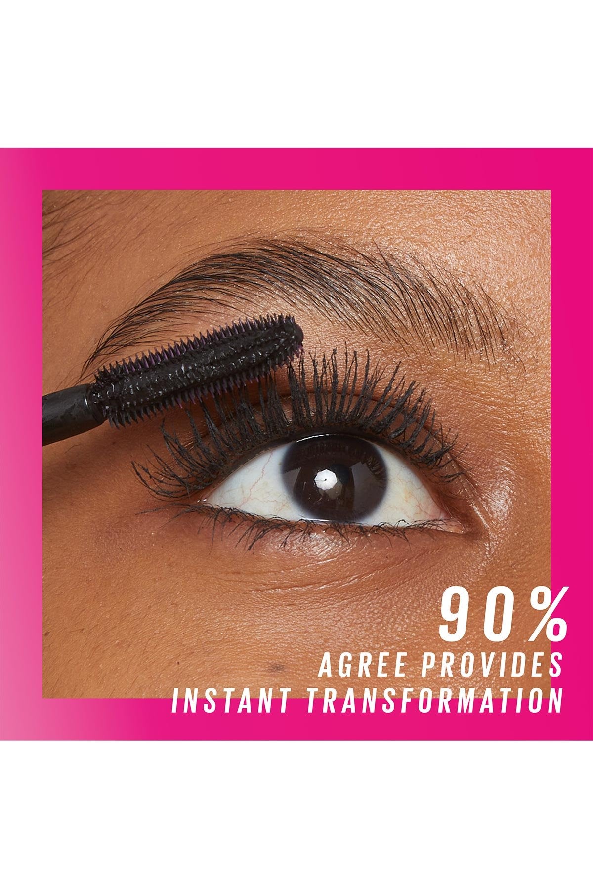 A close-up of the Maybelline Mascara being applied to eyelashes, showing an instant transformation with added volume and lift.