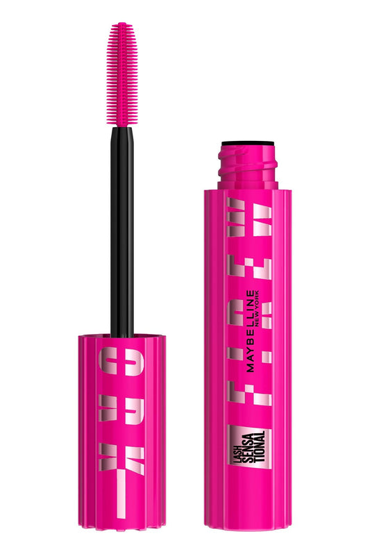 The Maybelline Mascara Lash Sensational Firework in its bright pink tube next to its SuperSpark brush wand.