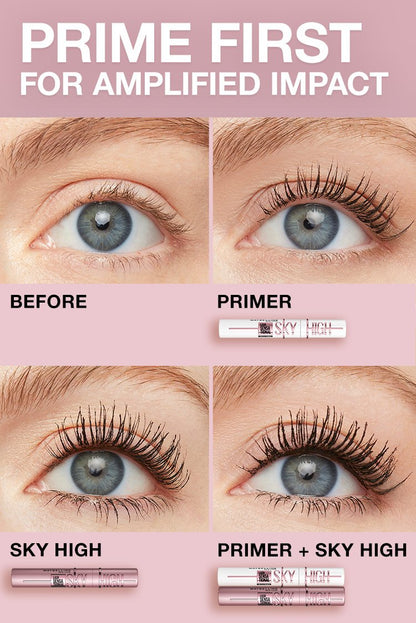 "Before and after comparison showing Maybelline Mascara Sky High results - natural lashes vs primer vs mascara vs primer with mascara"