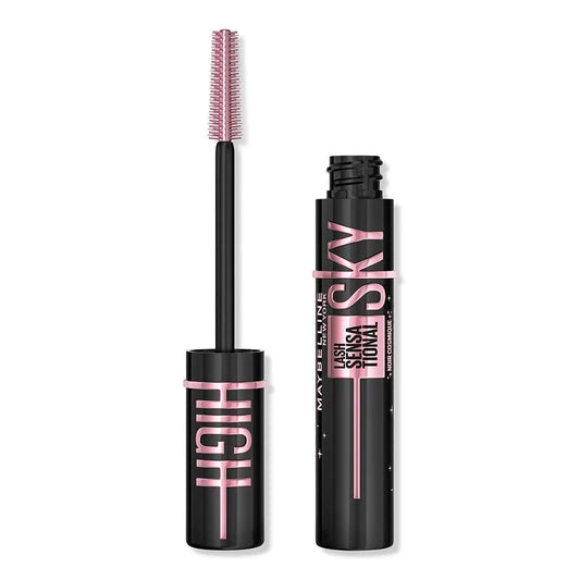 "Maybelline Mascara Sky High open tube showing pink applicator brush and black packaging with pink lettering"