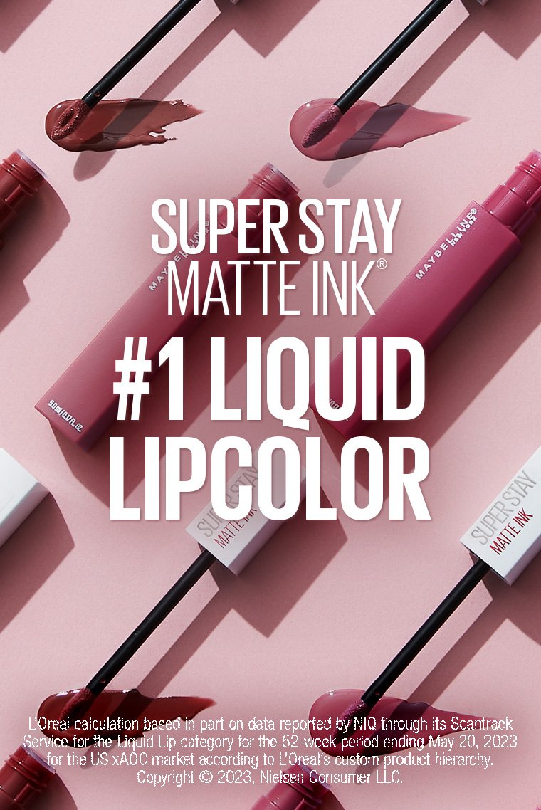 Maybelline Super Stay Matte Ink ranked as #1 liquid lipstick with multiple shades and applicators displayed on pink background - Khayest