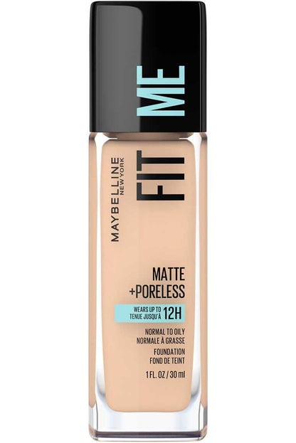 A bottle of Maybelline Foundation, specifically the Fit Me Matte + Poreless formula in a light, creamy beige shade, shown against a white background.