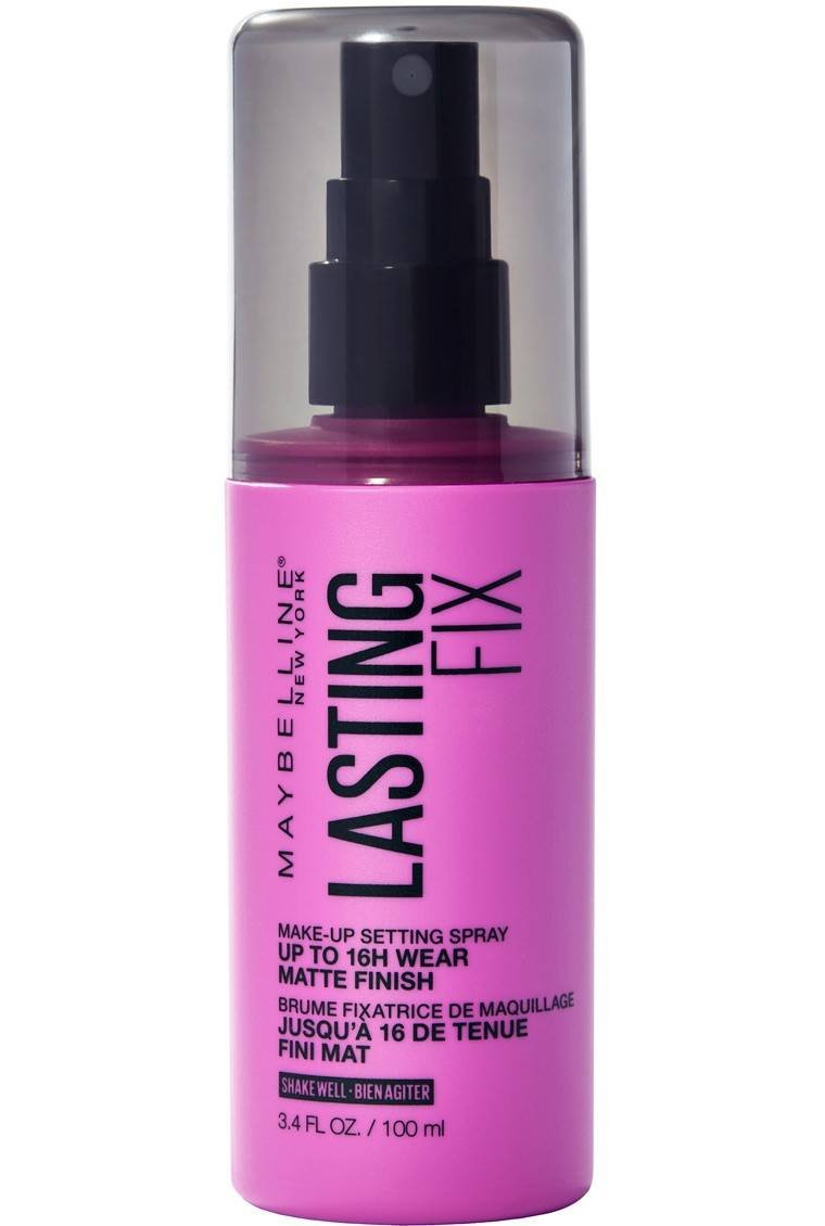 A product bottle of Maybelline Lasting Fix makeup setting spray against a white background, highlighting its 16-hour wear and matte finish - Khayest