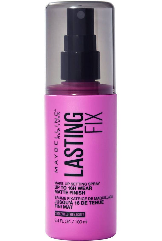 A product bottle of Maybelline Lasting Fix makeup setting spray against a white background, highlighting its 16-hour wear and matte finish - Khayest