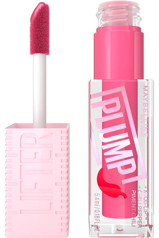 The Maybelline Lip Gloss Lifter Plump tube and XL wand applicator in the shade Pink Sting, a vibrant pink.