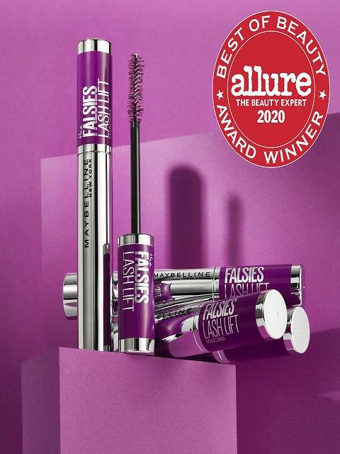 Award-winning Maybelline Mascara The Falsies Lashlift Waterproof with Allure 2020 Best of Beauty badge on purple background