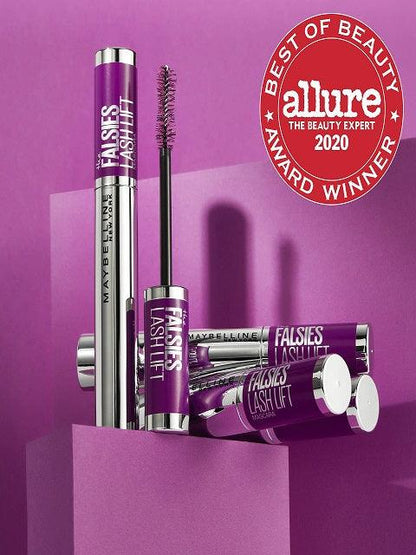 Award-winning Maybelline Mascara The Falsies Lashlift Waterproof with Allure 2020 Best of Beauty badge on purple background