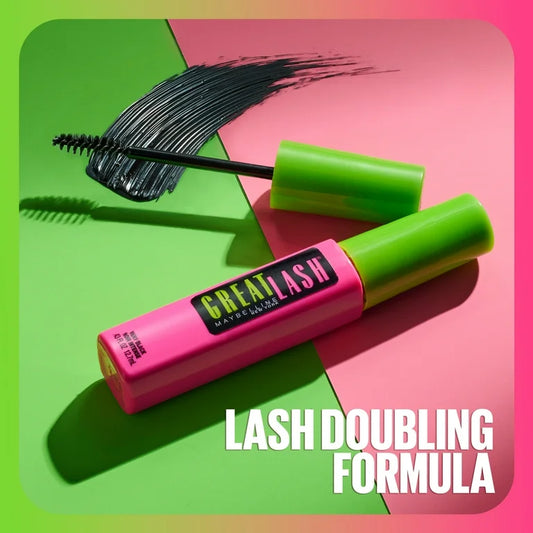 Promotional image of the Maybelline Mascara Great Lash showing the wand, product smear, and highlighting its 'Lash Doubling Formula'