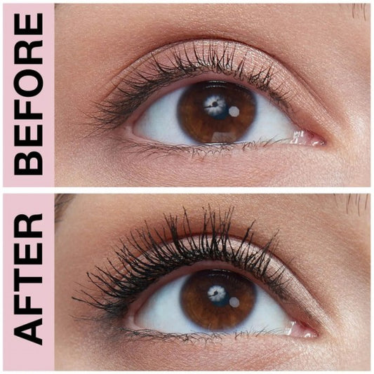 Before and after comparison demonstrating the dramatic lengthening and volumizing effect of Maybelline Mascara.