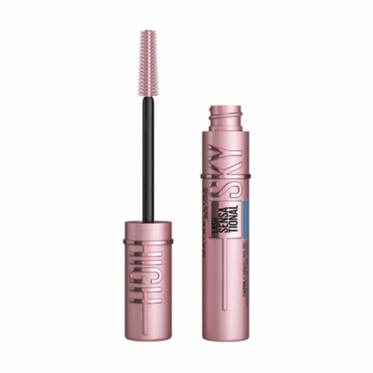 Close-up of Maybelline Mascara Sky High Waterproof tube and its flexible mascara brush.