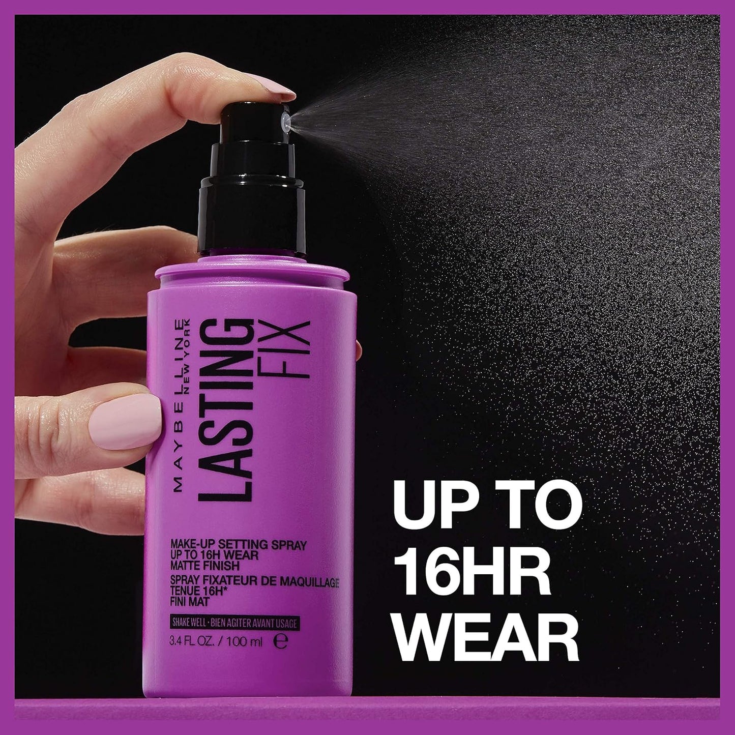 * The Maybelline setting spray bottle being sprayed, with text that reads "Up to 16HR Wear" to emphasize its long-lasting benefit - Khayest