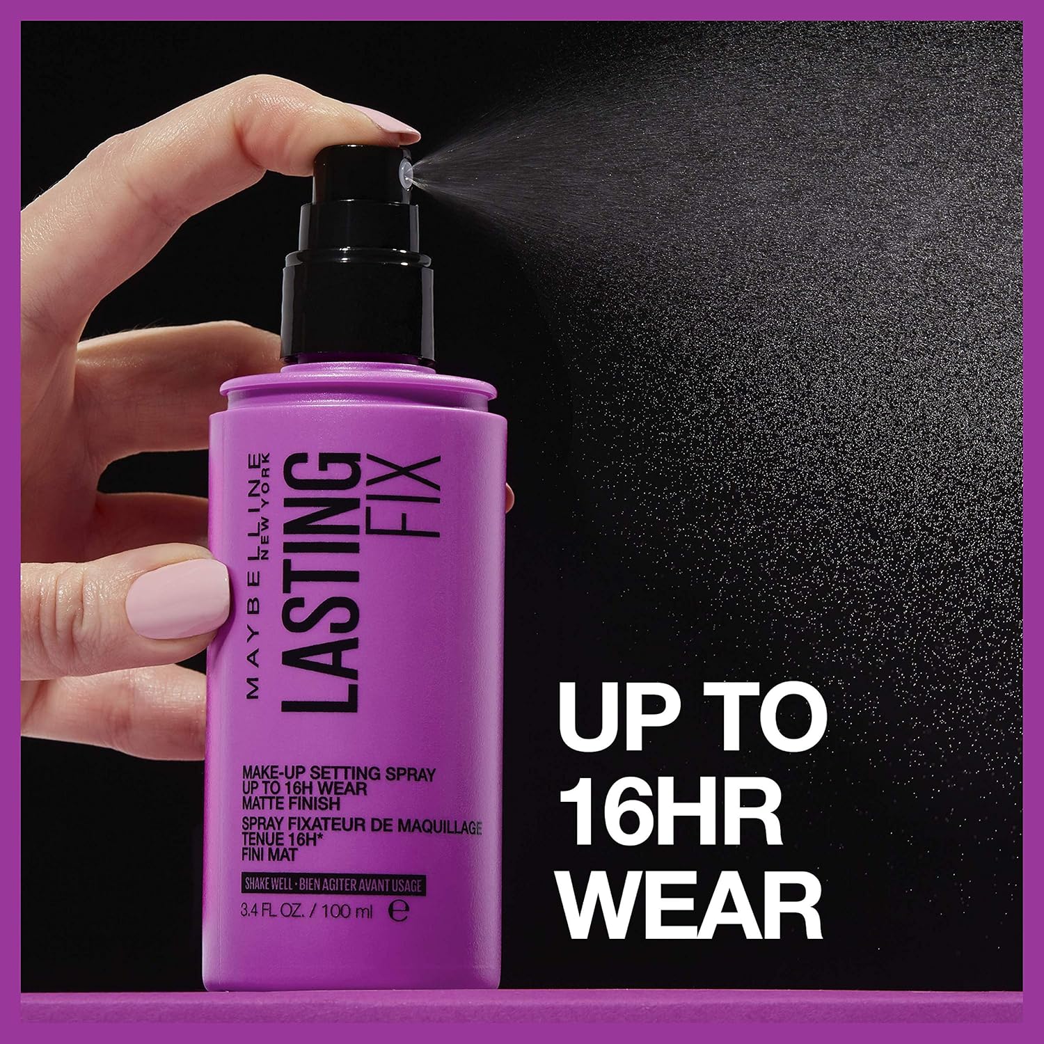 * The Maybelline setting spray bottle being sprayed, with text that reads "Up to 16HR Wear" to emphasize its long-lasting benefit - Khayest