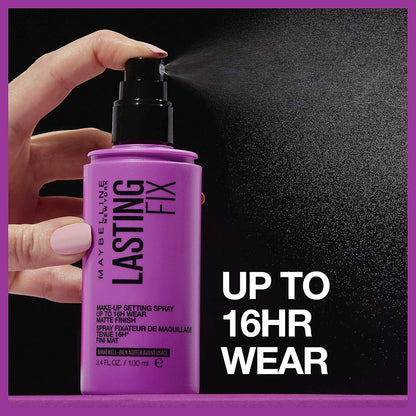 * The Maybelline setting spray bottle being sprayed, with text that reads "Up to 16HR Wear" to emphasize its long-lasting benefit - Khayest