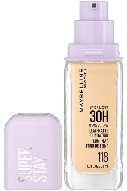 Bottle of Maybelline Foundation - Super Stay Lumi-Matte in shade 118 with the cap off.