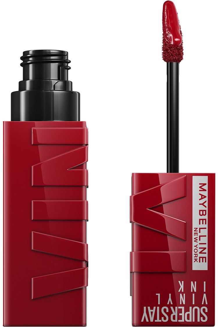 An open tube and applicator of the Maybelline Superstay Vinyl Ink lipstick in the vibrant red shade Lippy.