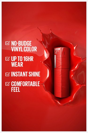 A red Maybelline Superstay Vinyl Ink lipstick in a color splash, highlighting its benefits like instant shine and comfortable feel - Khayest