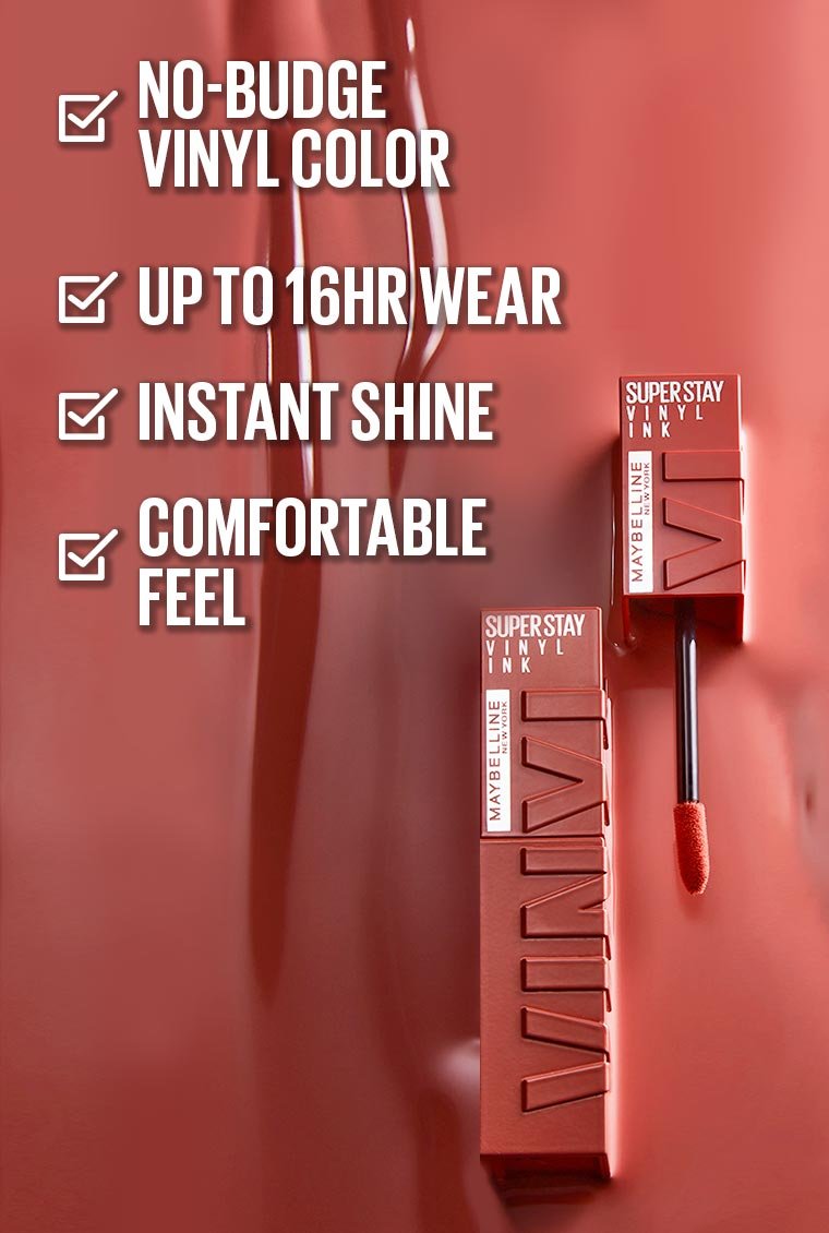 Two tubes of Maybelline Superstay Vinyl Ink lipstick with a list of benefits including no-budge color and 16-hour wear - Khayest