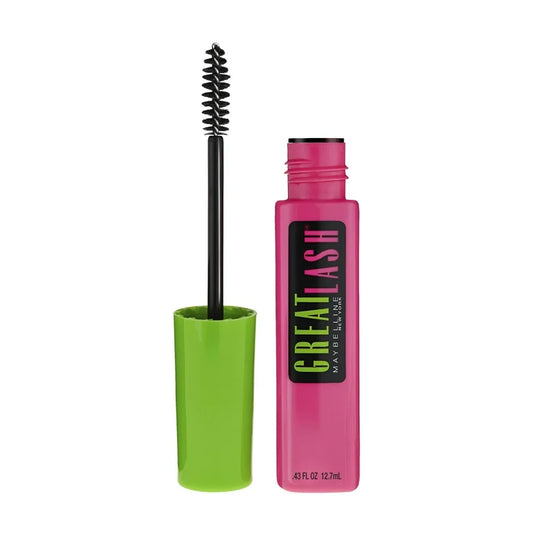 An open tube of the pink and green Maybelline Mascara Great Lash with its classic lash-building wand displayed next to it.