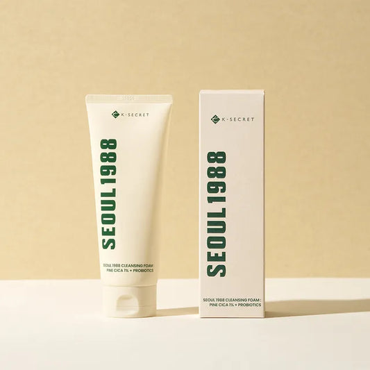 SEOUl 1988 Cleansing Foam Pine Cica 1% + Probiotics tube and packaging box on beige background, showcasing minimalist Korean skincare design.
