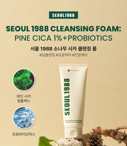  SEOUl 1988 Cleansing Foam with Pine Cica 1% and Probiotics for deep pore cleansing and soothing, featured with visual ingredients and Korean text.