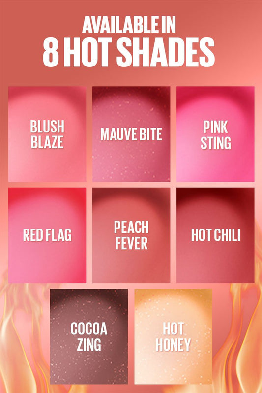 The 8 available shades of Maybelline Lip Gloss Lifter Plump, including pinks, reds, and nudes, displayed in a grid.