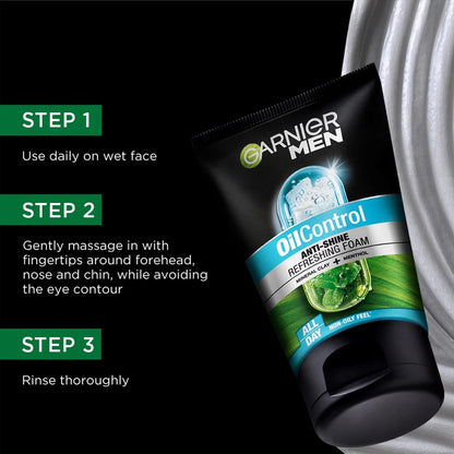 Garnier Men Oil Control Anti Shine Refreshing Foam All Day Face Wash 100Ml - Khayest