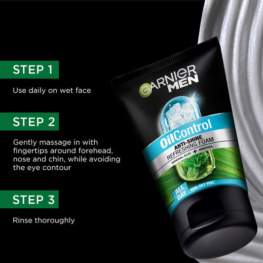 Garnier Men Oil Control Anti Shine Refreshing Foam All Day Face Wash 100Ml - Khayest