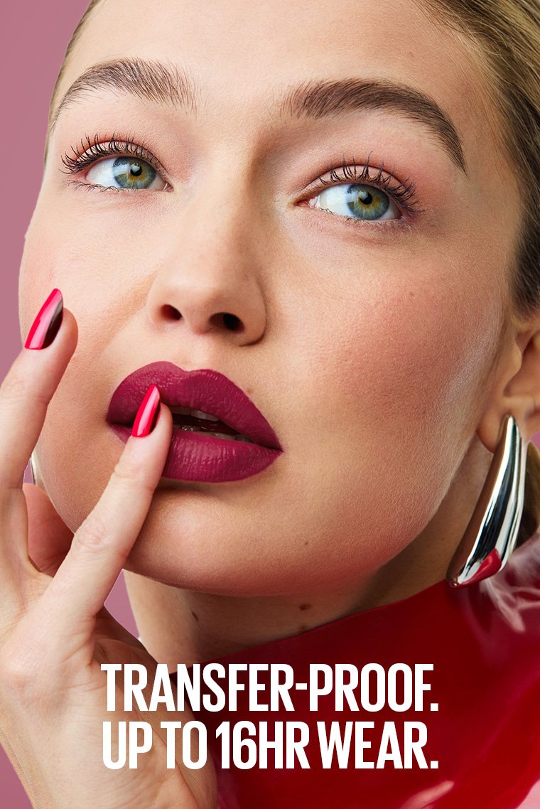 A model wearing a bold shade of Maybelline Super Stay Matte Ink lipstick, demonstrating its transfer-proof and 16-hour wear benefits - Khayest