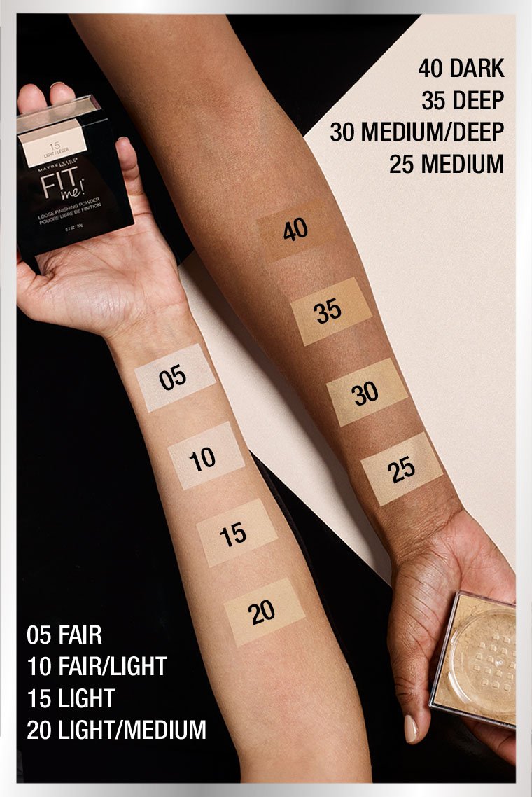 Swatches of Maybelline Fit Me Loose Face Powder on two different arm skin tones, from shade 05 Fair to 40 Dark.