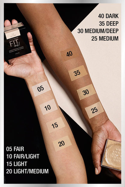 Swatches of Maybelline Fit Me Loose Face Powder on two different arm skin tones, from shade 05 Fair to 40 Dark.