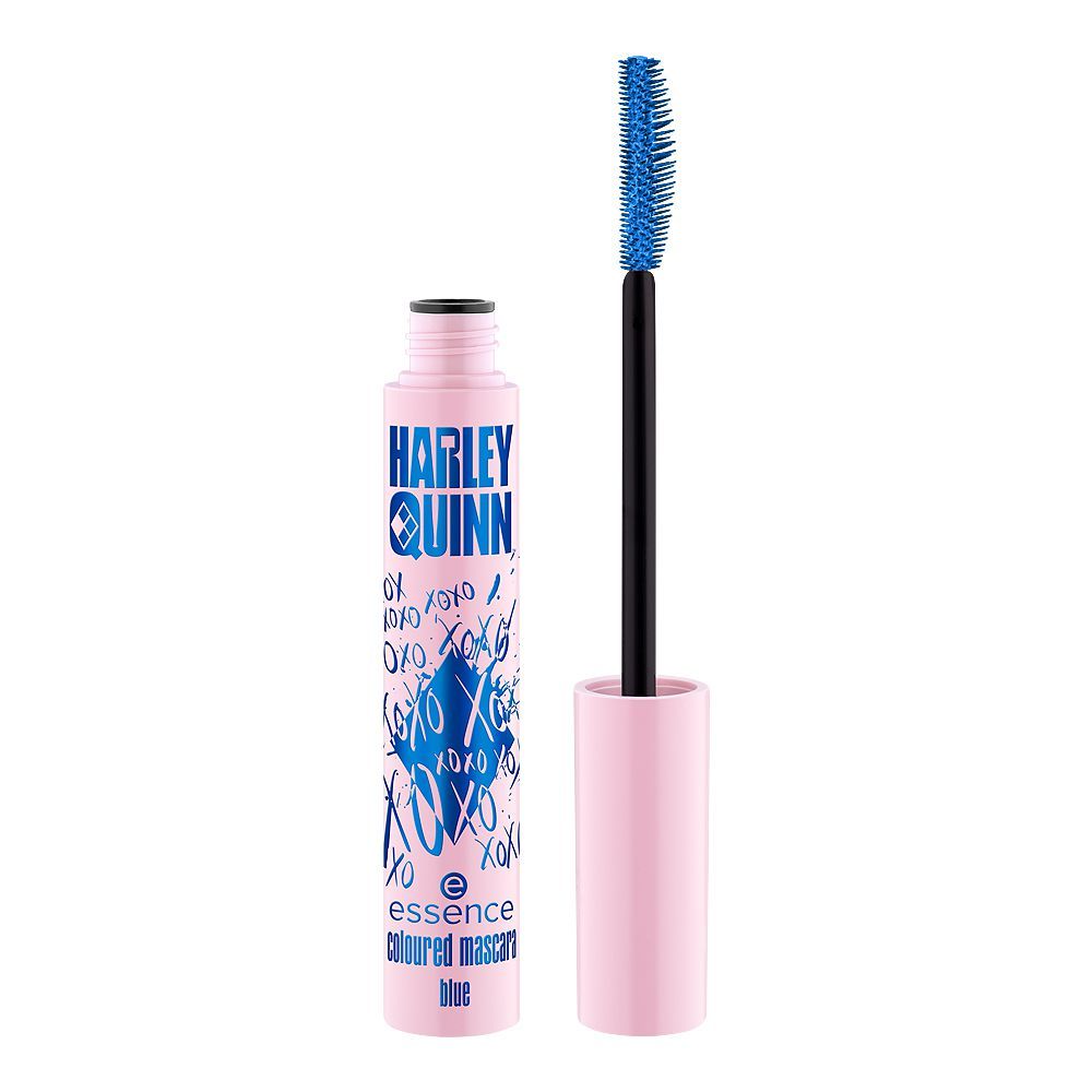 Mascara with pink tube and blue brush on a white background