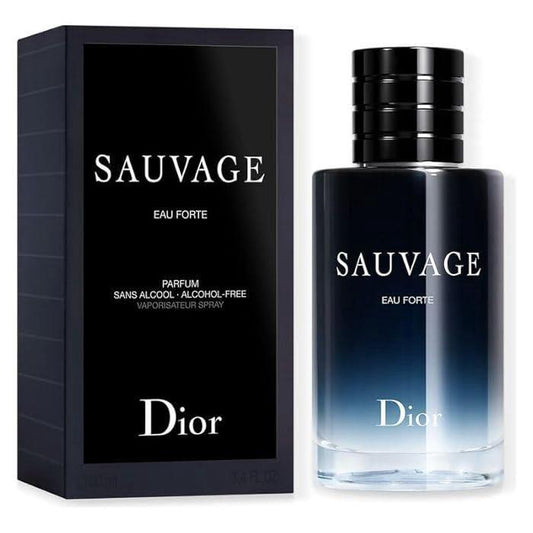 Dior Sauvage Eau Forte alcohol-free perfume 100ml bottle with black packaging box showing Sans Alcohol label