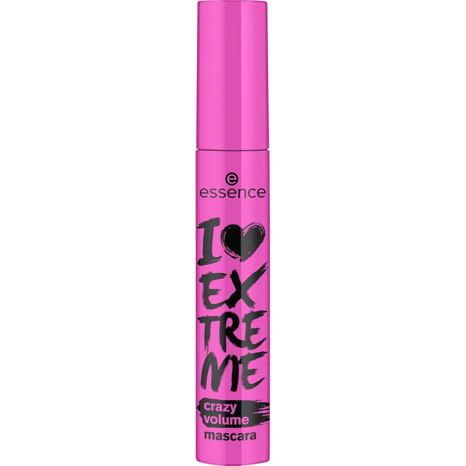 Pink mascara tube with black text on a white background