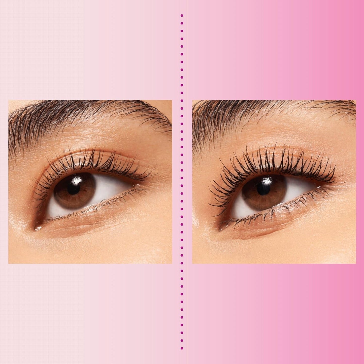 Before and after comparison of eyelashes on a pink background