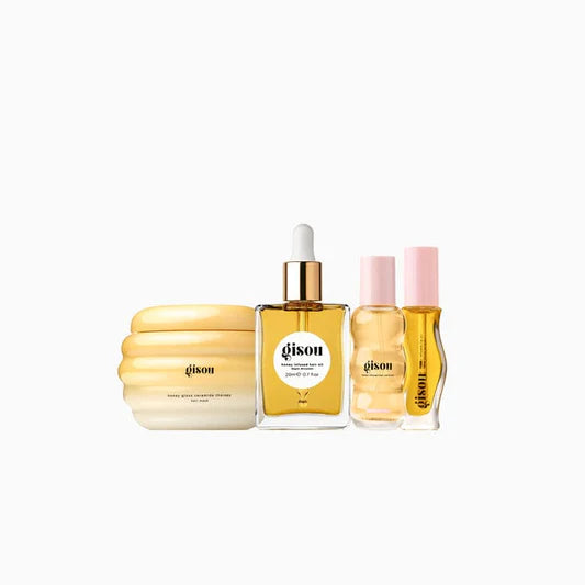 Gisou Glow All The Way Set – Honey-Infused Hair & Lip Gift Set (Hair Mask, Hair Oil, Hair Perfume & Lip Oil)