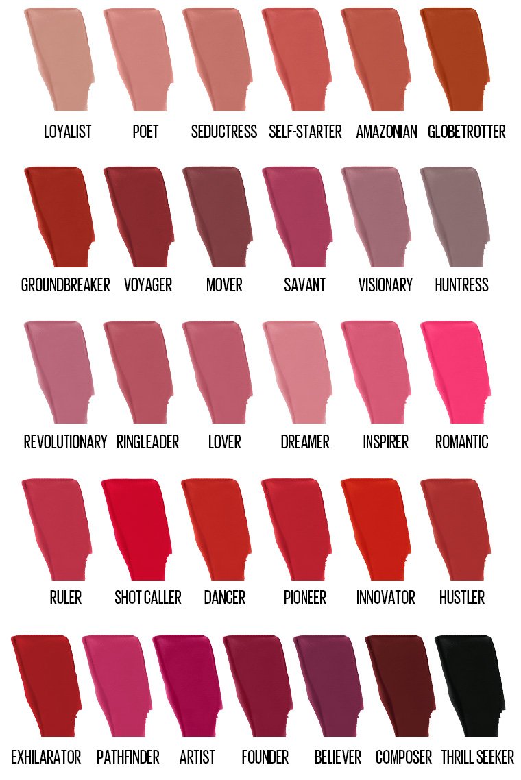 Shade chart showing the full range of colors for the Maybelline Super Stay Matte Ink liquid lipstick collection - Khayest