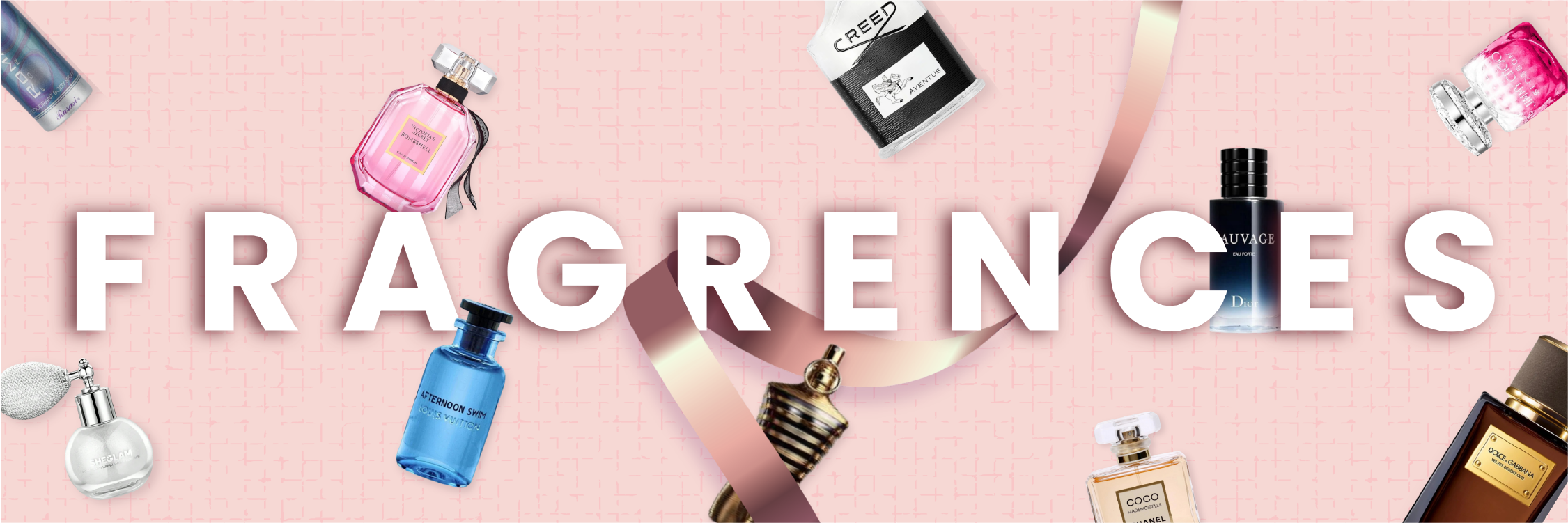 Perfume bottles with the word 'Fragrances' on a pink background