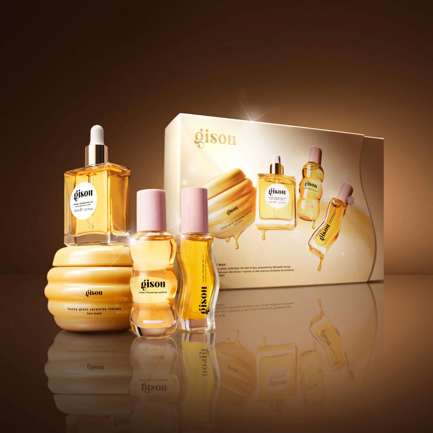Gisou Glow All The Way Set – Honey-Infused Hair & Lip Gift Set (Hair Mask, Hair Oil, Hair Perfume & Lip Oil)