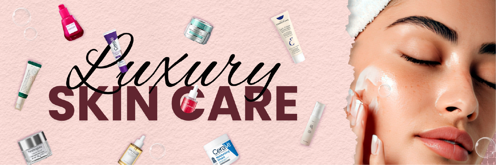 Luxury skin care products with a woman applying cream on her face against a pink background.